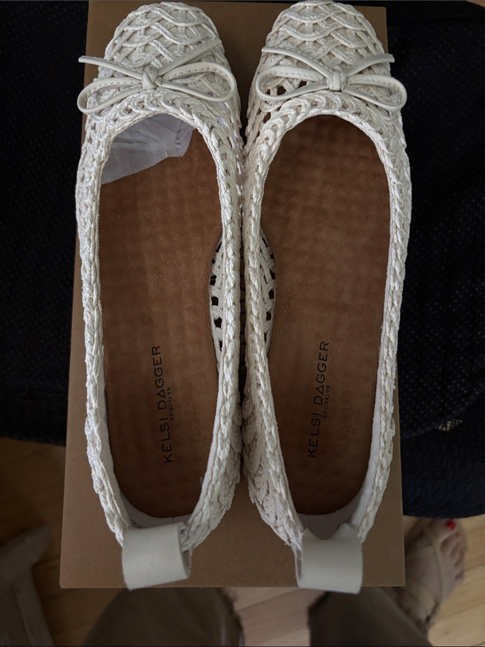 Kelsi Dagger Ivory Woven Ballet Flats with Bow